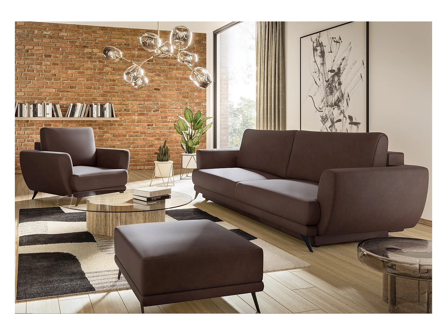 Ensemble canapé convertible simili cuirl marron Zora - 1 canapé 3 places + 1 fauteuil + 1 pouf