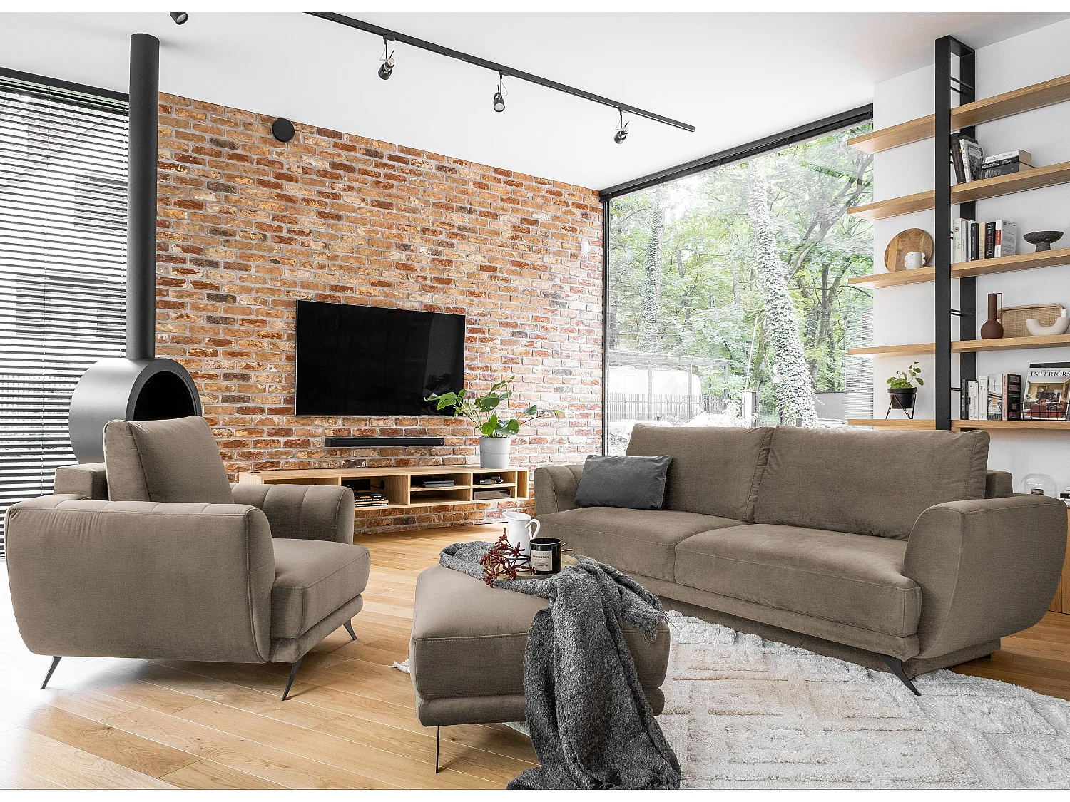 Zora beige fluwelen slaapbankset - 1 3-zitsbank + 1 fauteuil + 1 poef