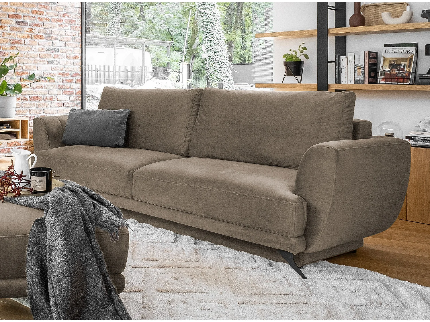 Zora beige fluwelen slaapbankset - 1 3-zitsbank + 1 fauteuil + 1 poef