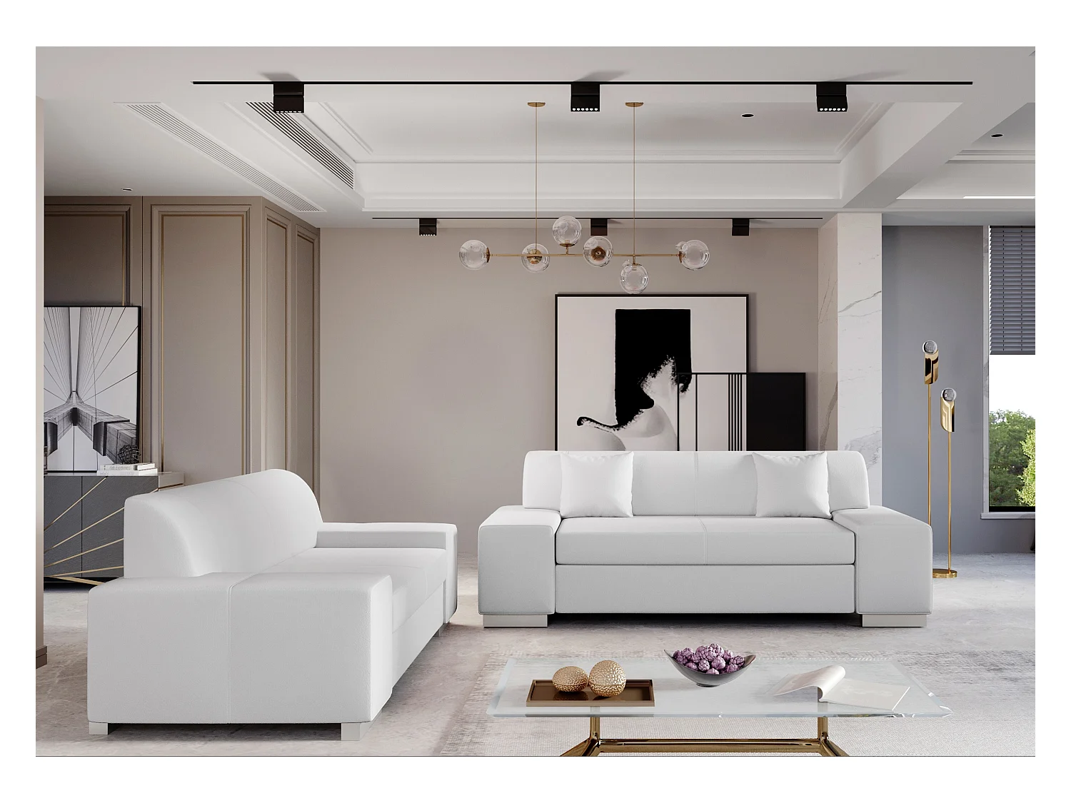 Ensemble Canapé minimaliste 2 et 3 places simili cuir blanc Plazo