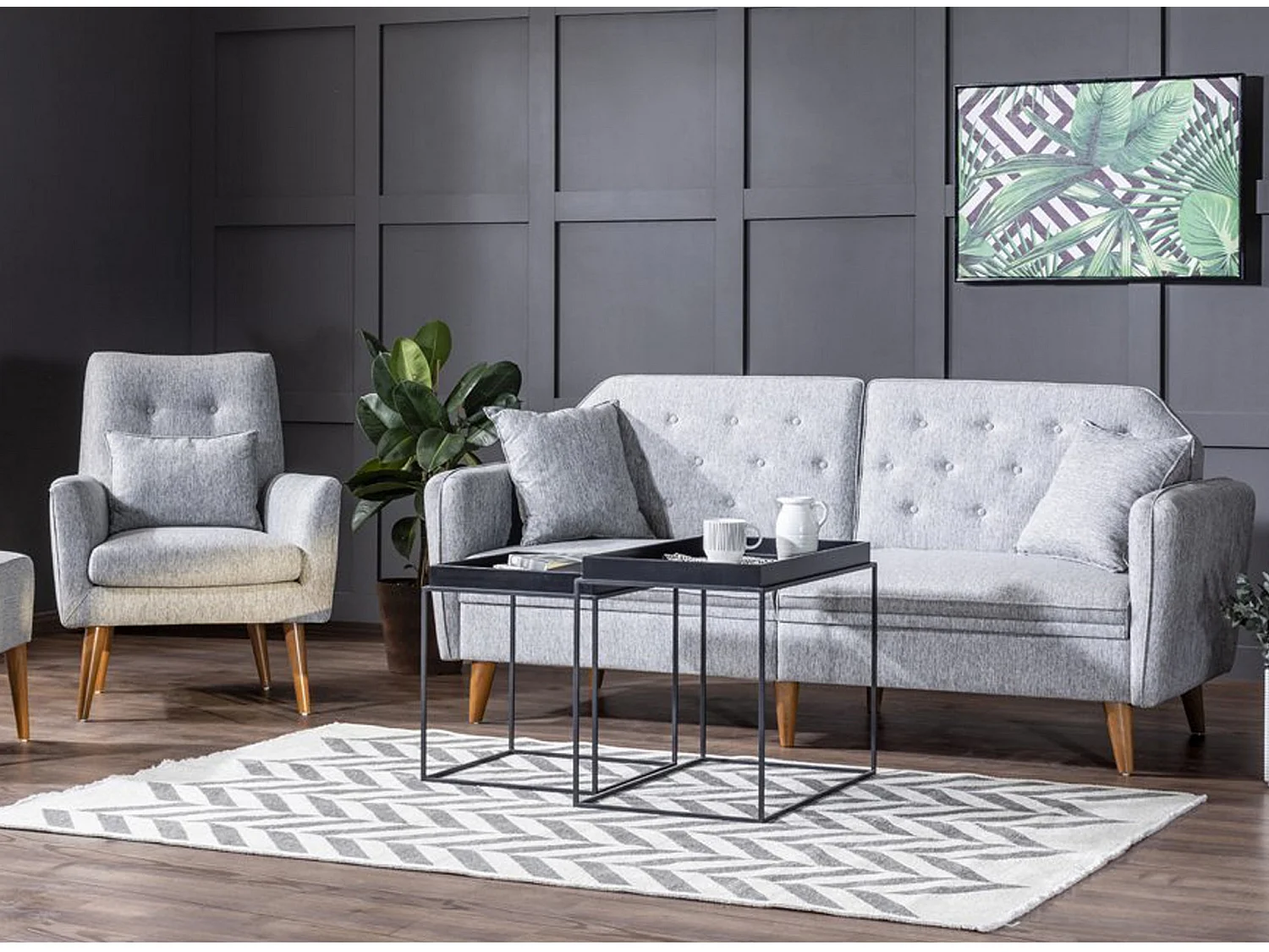 Ensemble Canapé 3 places convertible et 1 fauteuil tissu gris Touka