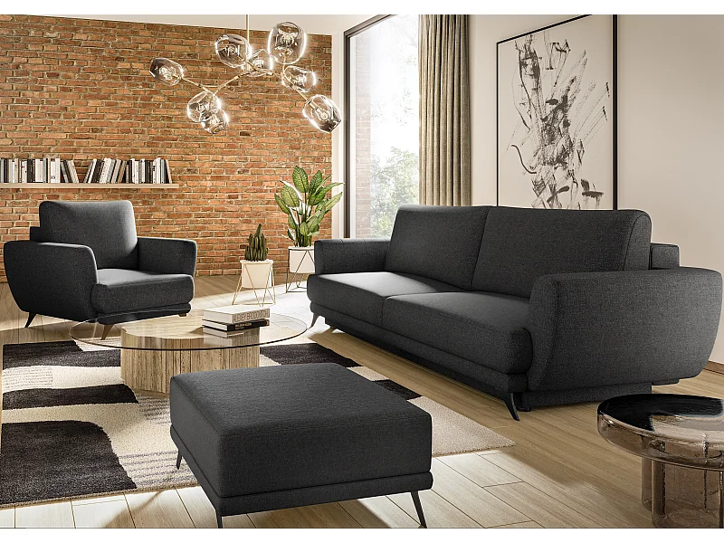 Ensemble canapé convertible tissu anthracite Zora - 1 canapé 3 places + 1 fauteuil + 1 pouf