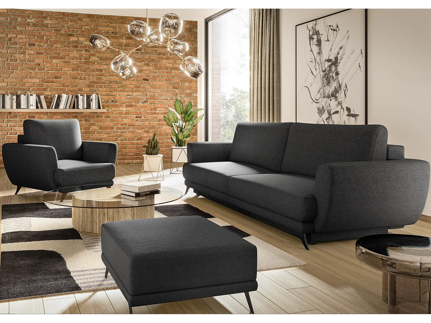 Ensemble canapé convertible tissu anthracite Zora - 1 canapé 3 places + 1 fauteuil + 1 pouf