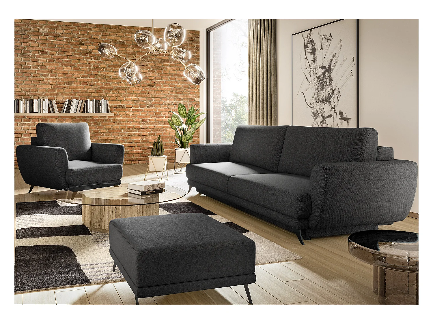 Ensemble canapé convertible tissu anthracite Zora - 1 canapé 3 places + 1 fauteuil + 1 pouf