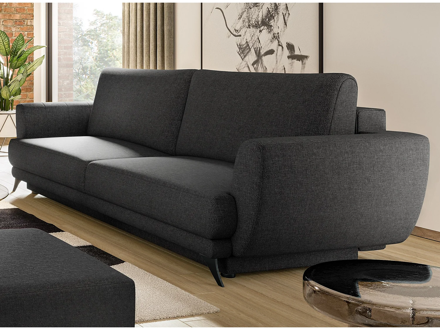 Ensemble canapé convertible tissu anthracite Zora - 1 canapé 3 places + 1 fauteuil + 1 pouf