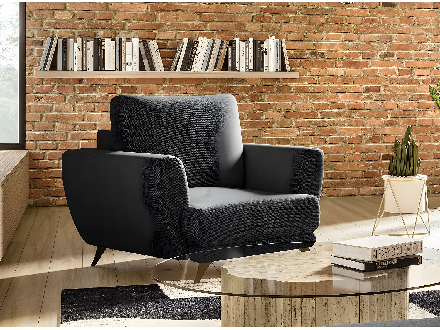 Ensemble canapé convertible tissu anthracite Zora - 1 canapé 3 places + 1 fauteuil + 1 pouf