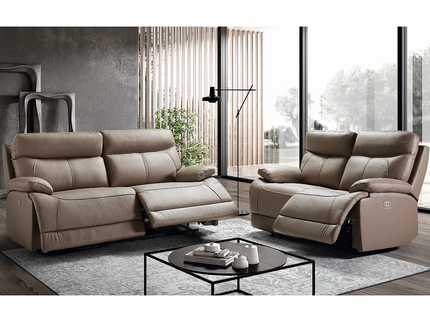 Ensemble canapé de relaxation 3 places électrique 2 places electrique cuir beige Ducka