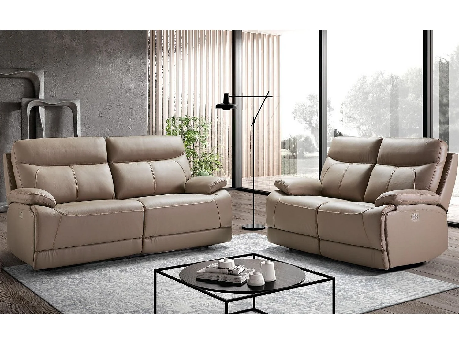 Ensemble canapé de relaxation 3 places électrique 2 places electrique cuir beige Ducka