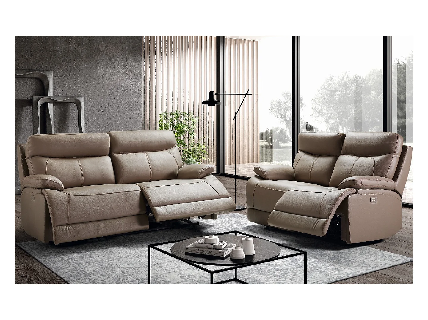 Ensemble canapé de relaxation 3 places électrique 2 places electrique cuir beige Ducka