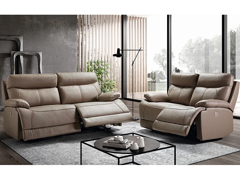 Ensemble canapé de relaxation 3 places électrique 2 places electrique cuir beige Ducka