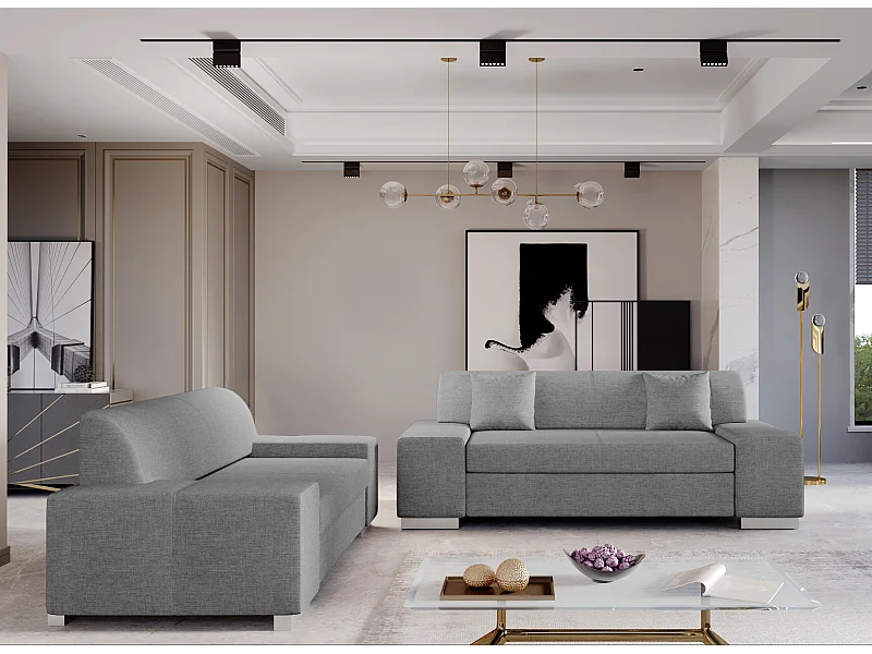 Ensemble Canapé minimaliste 2 et 3 places tissu gris clair Plazo