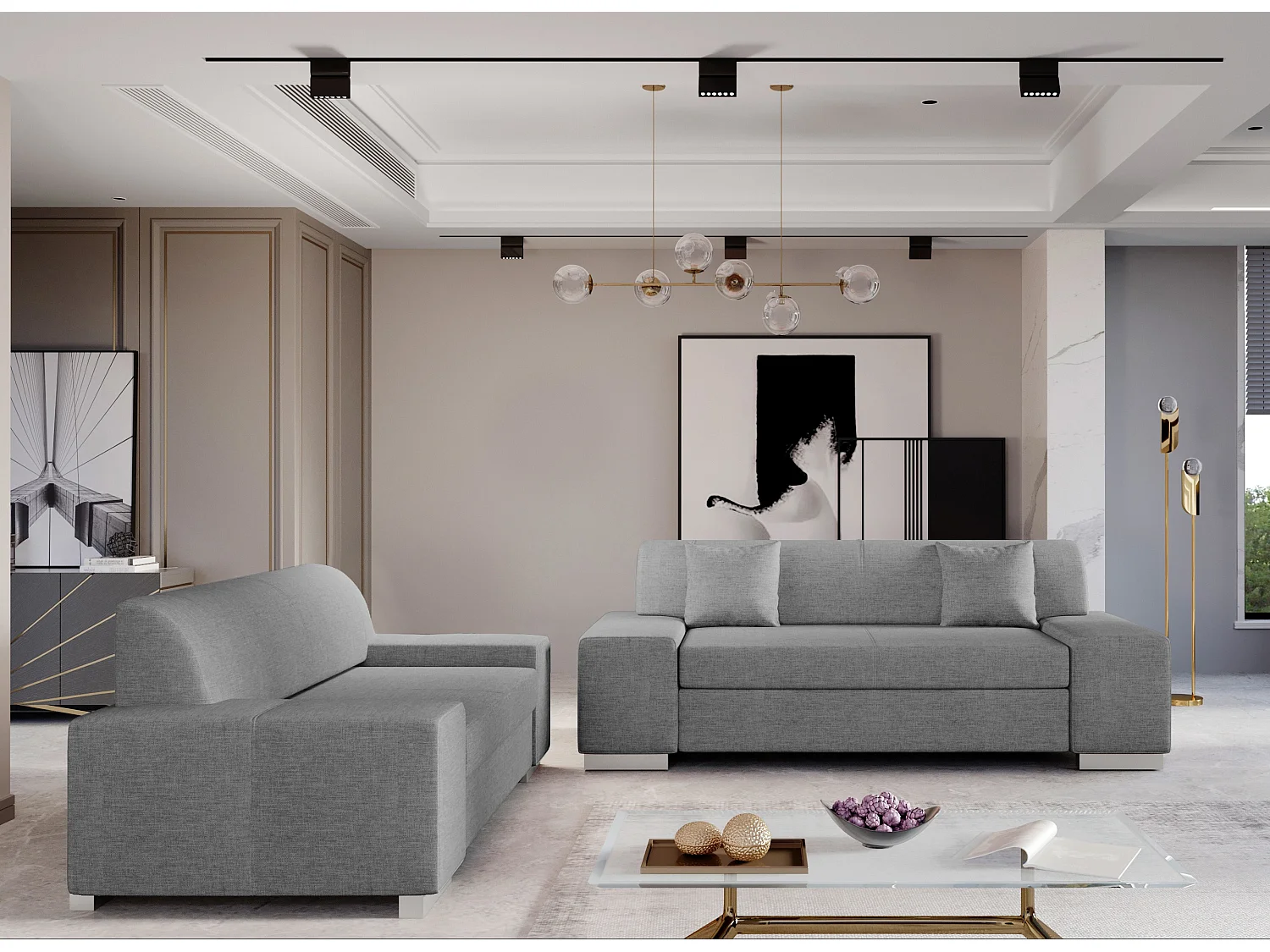 Ensemble Canapé minimaliste 2 et 3 places tissu gris clair Plazo