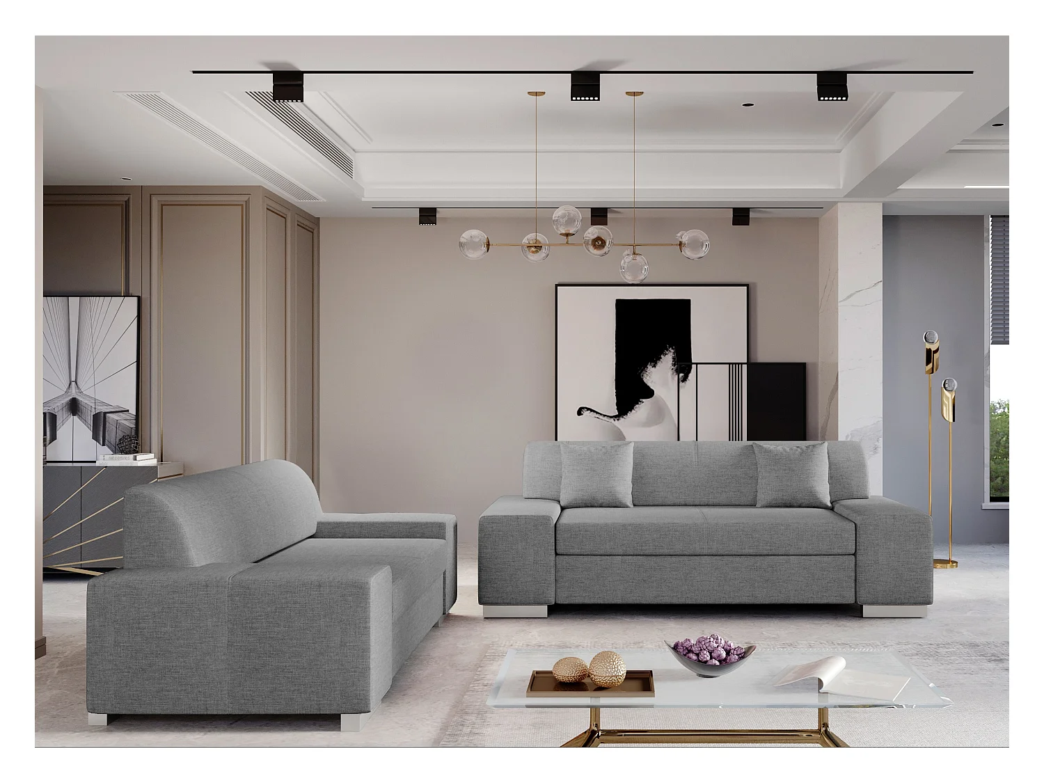 Ensemble Canapé minimaliste 2 et 3 places tissu gris clair Plazo