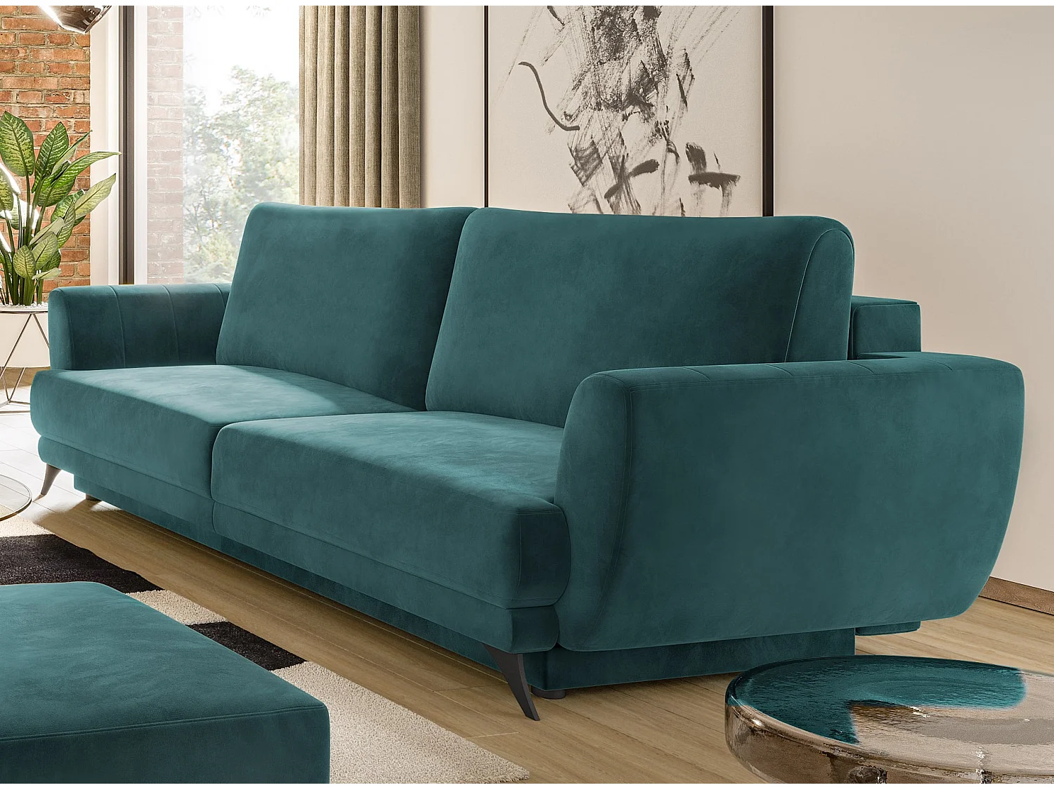 Ensemble canapé convertible velours vert Zora - 1 canapé 3 places + 1 fauteuil + 1 pouf