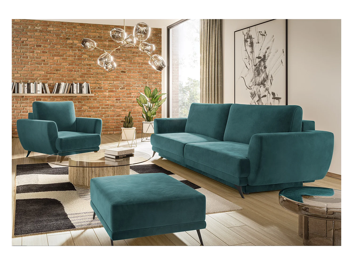 Ensemble canapé convertible velours vert Zora - 1 canapé 3 places + 1 fauteuil + 1 pouf