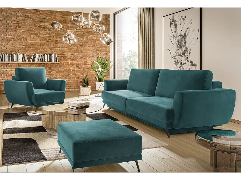 Ensemble canapé convertible velours vert Zora - 1 canapé 3 places + 1 fauteuil + 1 pouf