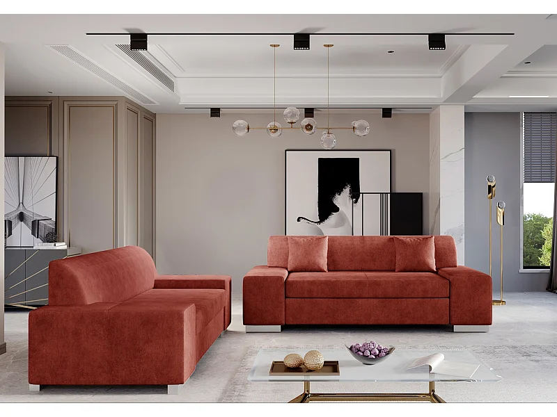 Ensemble Canapé minimaliste 2 et 3 places tissu rouge brique Plazo