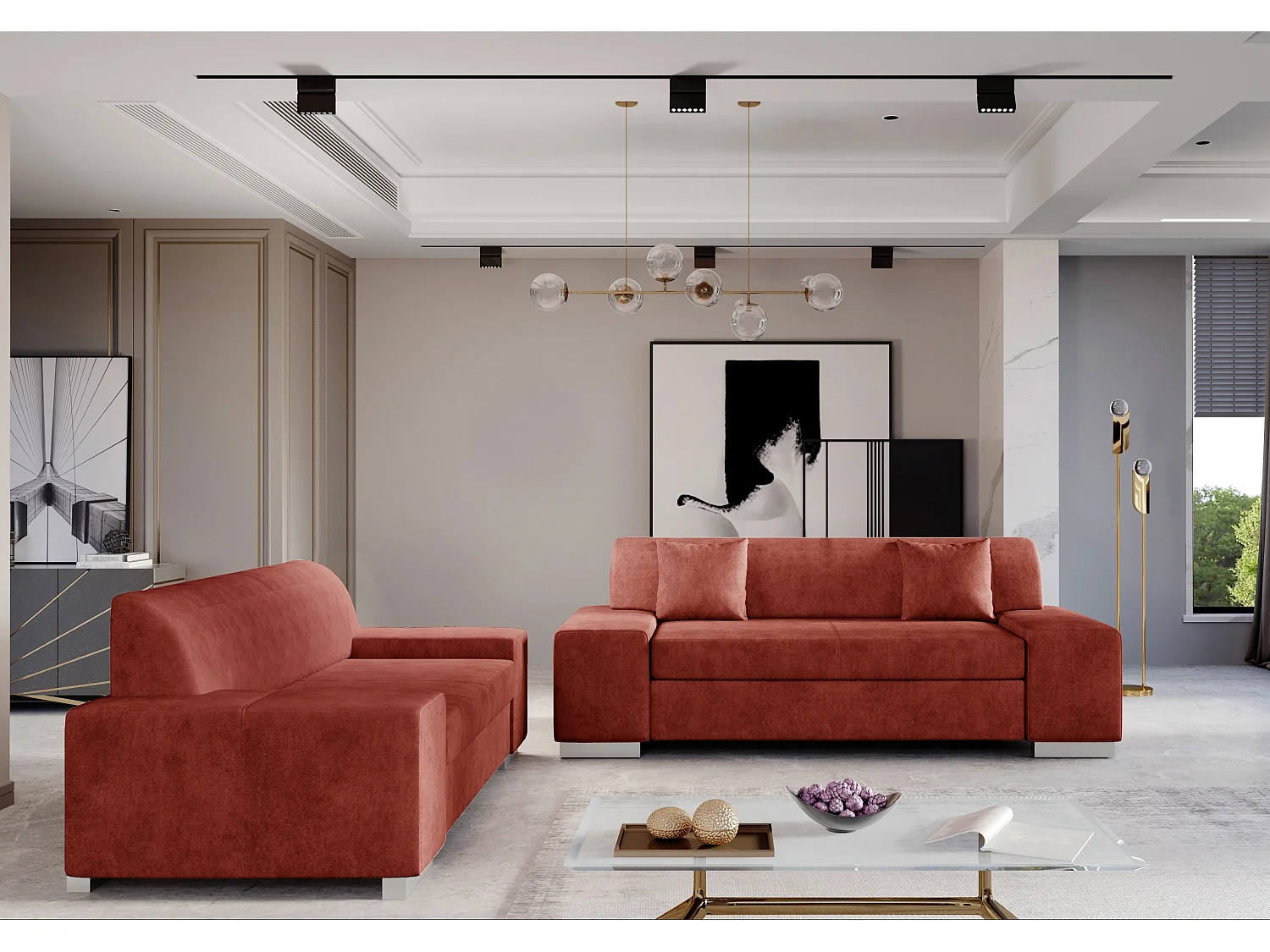 Ensemble Canapé minimaliste 2 et 3 places tissu rouge brique Plazo