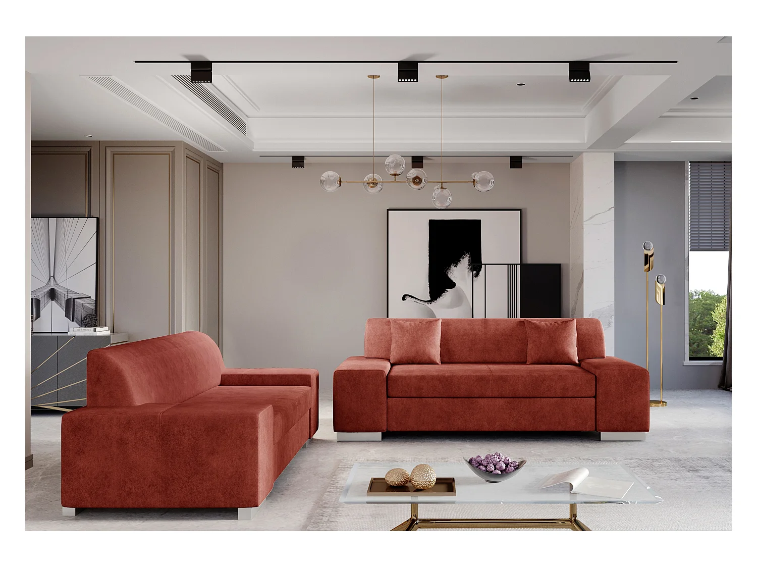Ensemble Canapé minimaliste 2 et 3 places tissu rouge brique Plazo