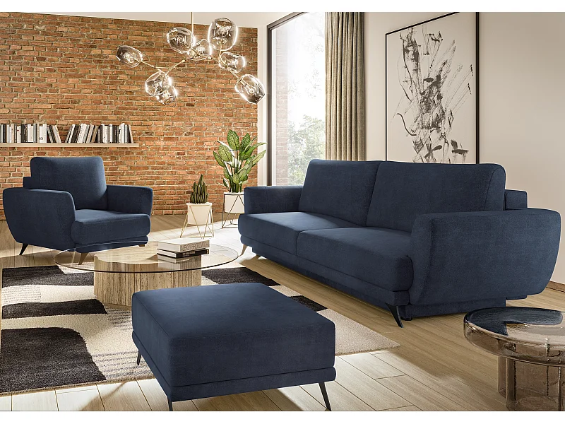 Ensemble canapé convertible tissu bleu Zora - 1 canapé 3 places + 1 fauteuil + 1 pouf