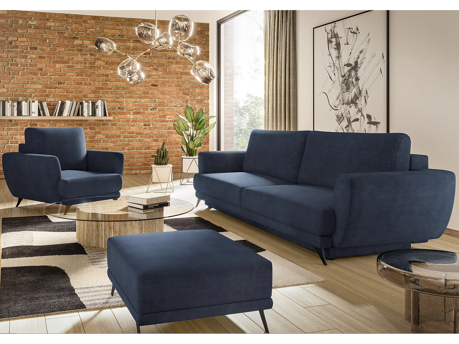 Ensemble canapé convertible tissu bleu Zora - 1 canapé 3 places + 1 fauteuil + 1 pouf