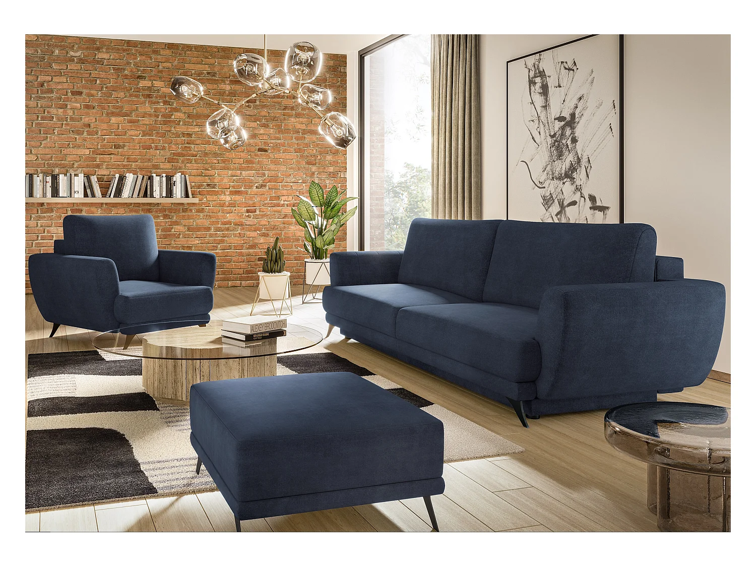 Ensemble canapé convertible tissu bleu Zora - 1 canapé 3 places + 1 fauteuil + 1 pouf