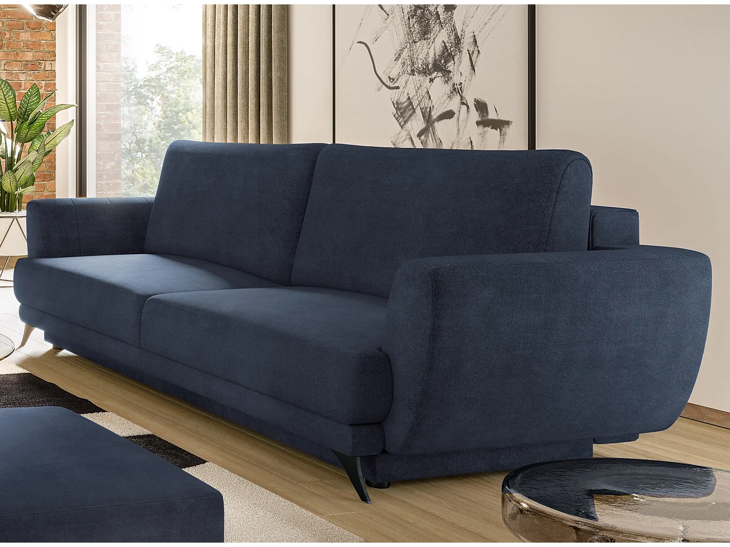 Ensemble canapé convertible tissu bleu Zora - 1 canapé 3 places + 1 fauteuil + 1 pouf