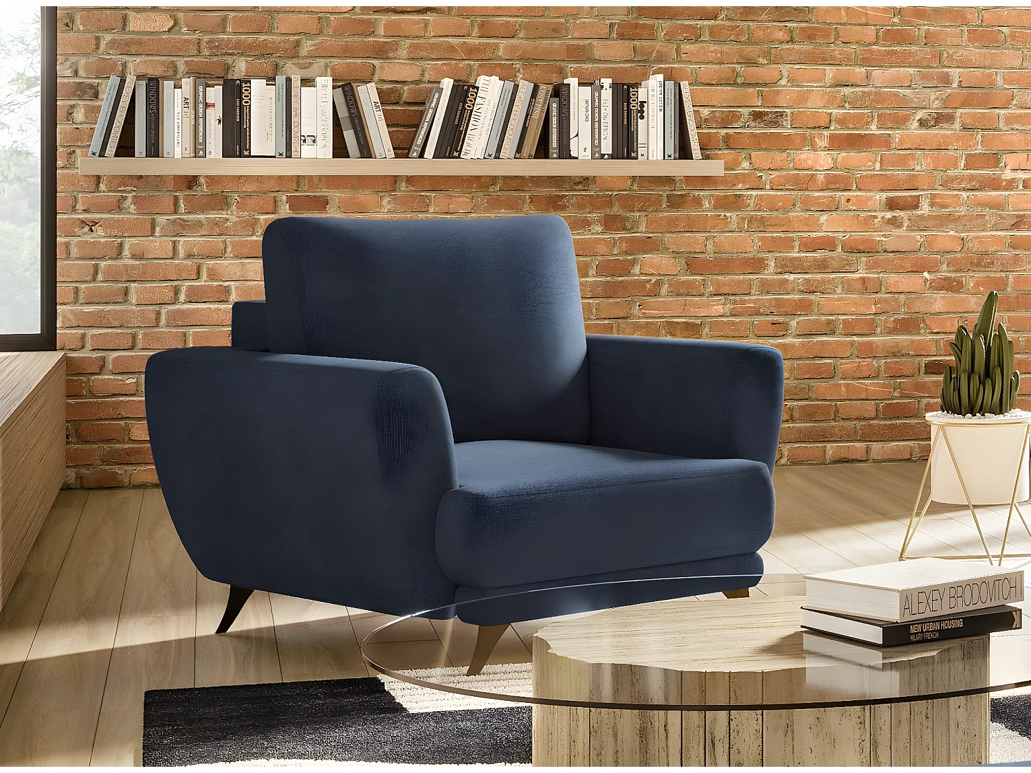 Ensemble canapé convertible tissu bleu Zora - 1 canapé 3 places + 1 fauteuil + 1 pouf