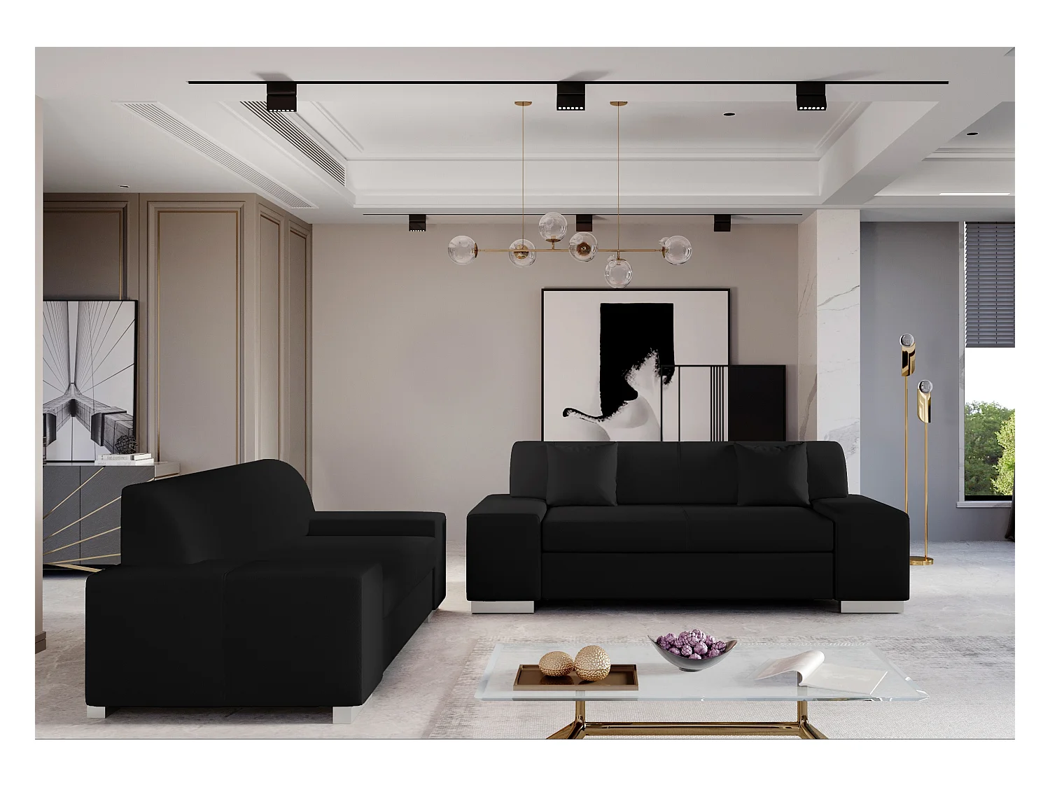 Ensemble Canapé minimaliste 2 et 3 places simili cuir noir Plazo
