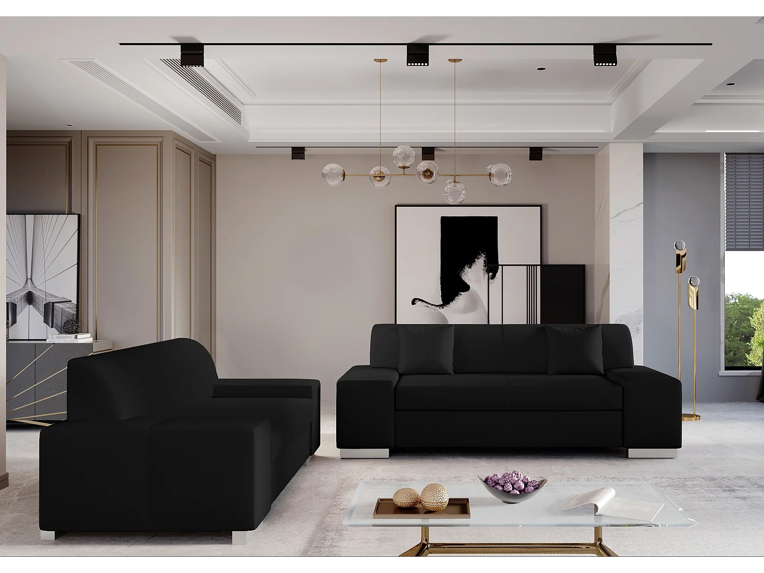 Ensemble Canapé minimaliste 2 et 3 places simili cuir noir Plazo