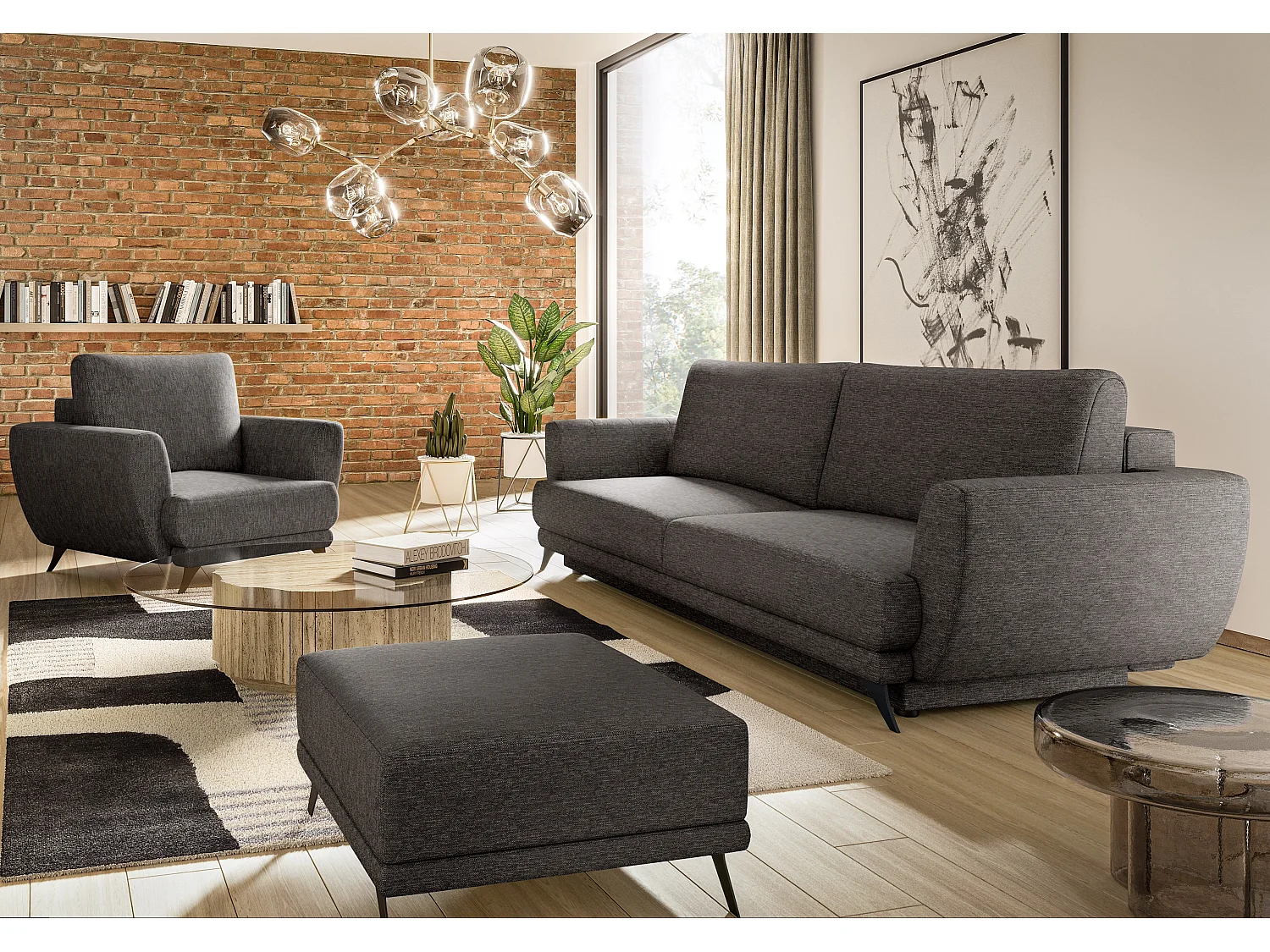 Ensemble canapé convertible tissu marron chiné Zora - 1 canapé 3 places + 1 fauteuil + 1 pouf