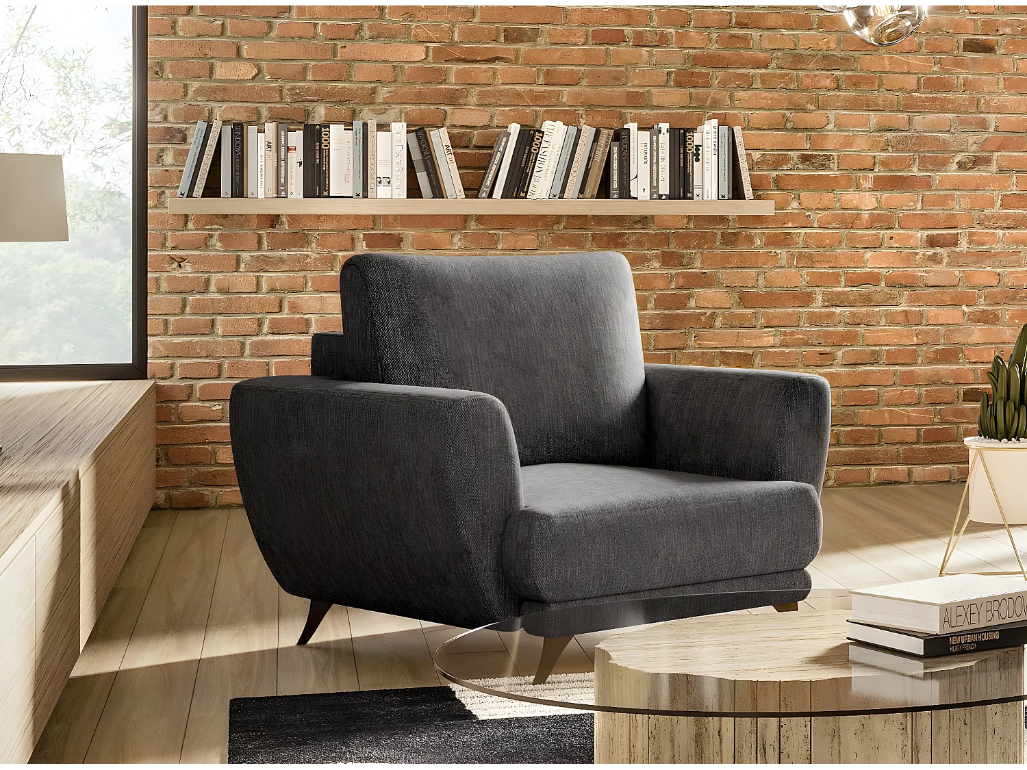 Ensemble canapé convertible tissu marron chiné Zora - 1 canapé 3 places + 1 fauteuil + 1 pouf