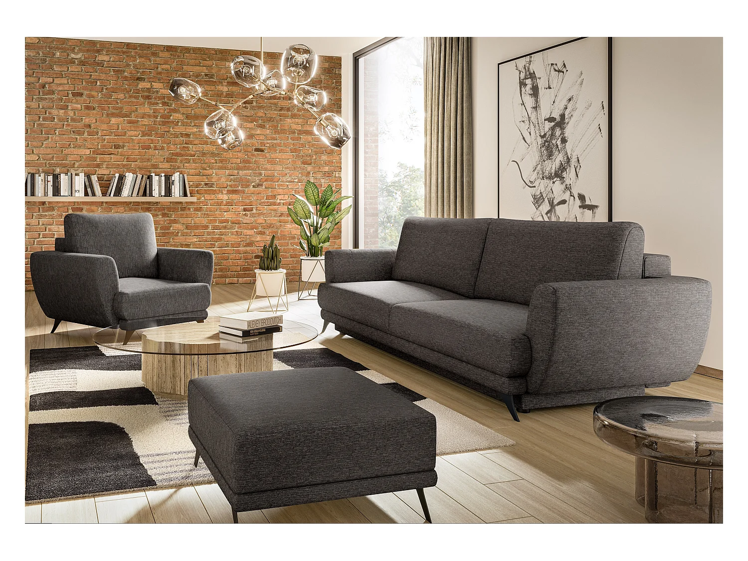 Ensemble canapé convertible tissu marron chiné Zora - 1 canapé 3 places + 1 fauteuil + 1 pouf
