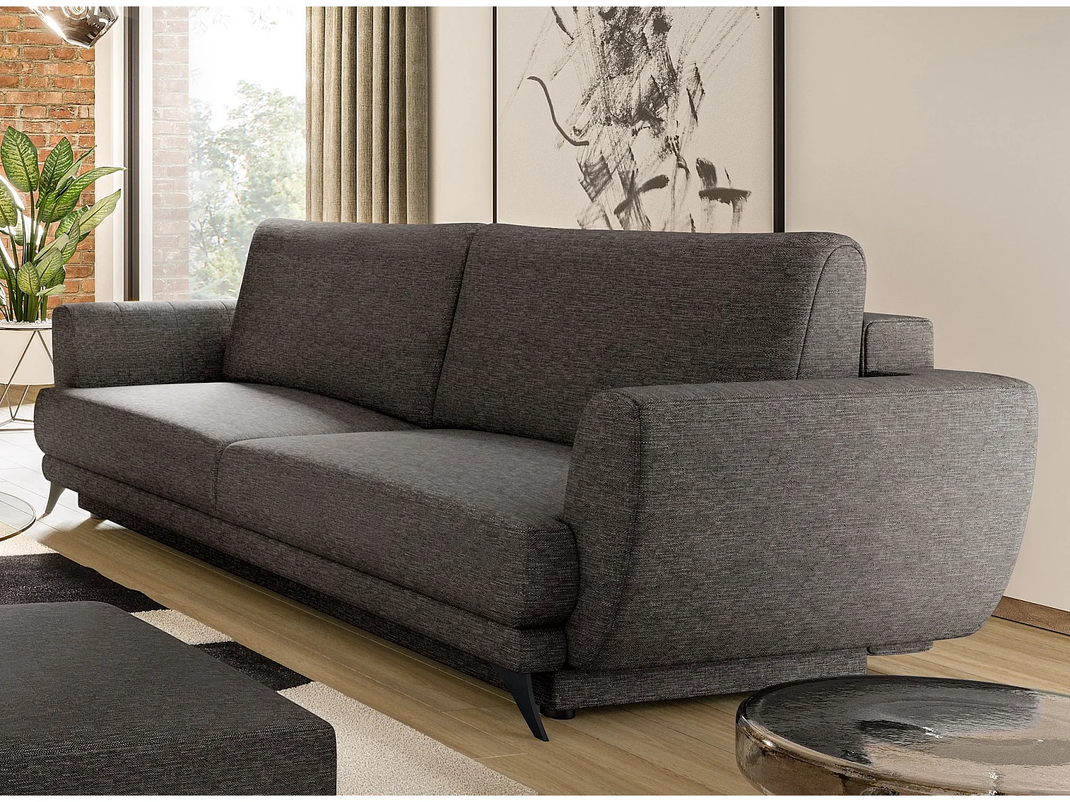 Ensemble canapé convertible tissu marron chiné Zora - 1 canapé 3 places + 1 fauteuil + 1 pouf