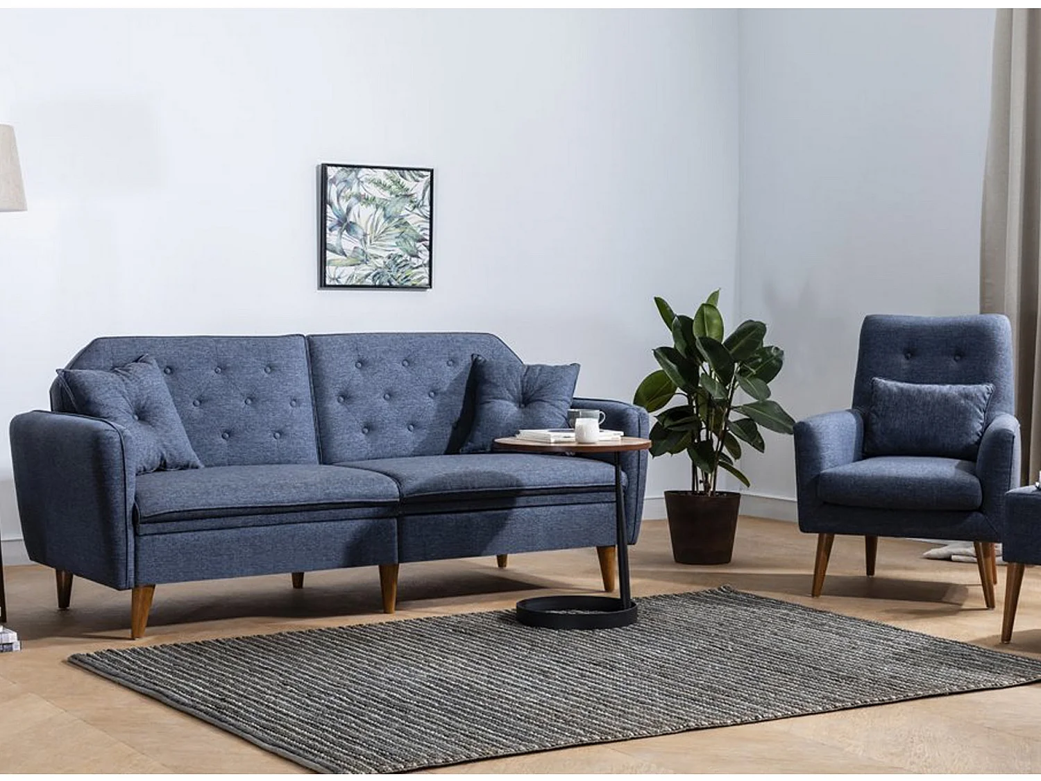 Ensemble Canapé 3 places convertible et 1 fauteuil tissu bleu foncé Touka