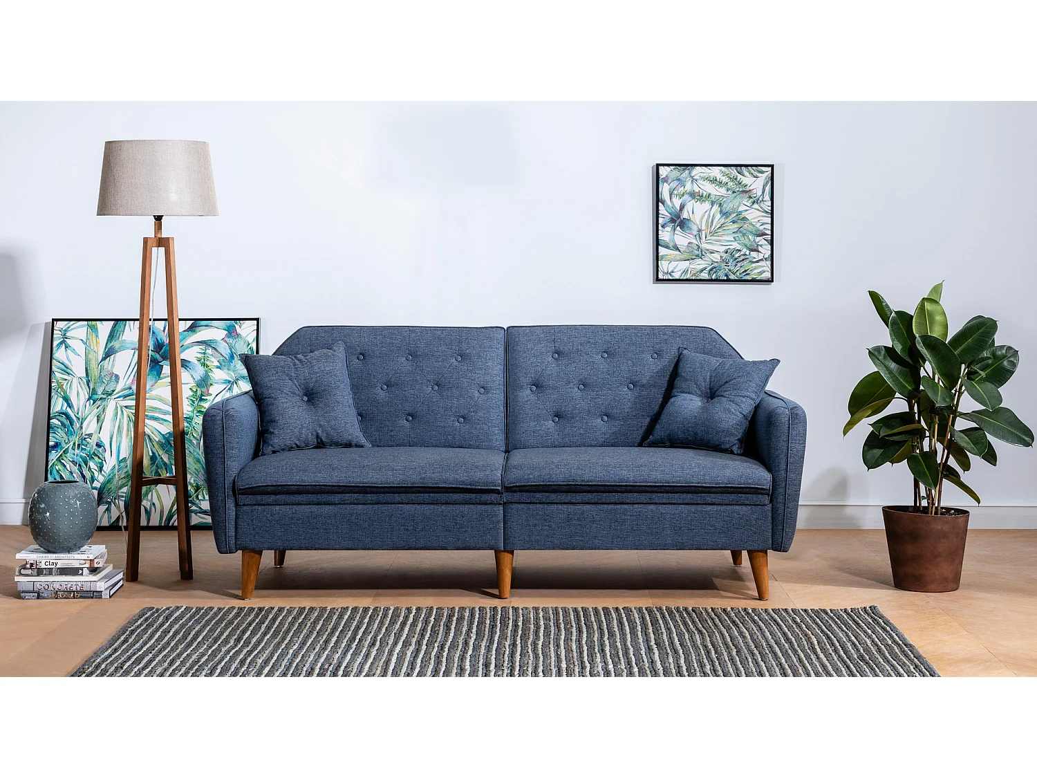 Ensemble Canapé 3 places convertible et 1 fauteuil tissu bleu foncé Touka