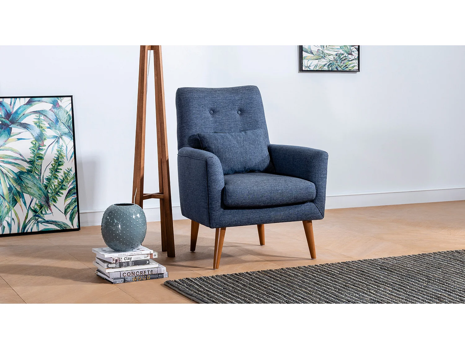 Ensemble Canapé 3 places convertible et 1 fauteuil tissu bleu foncé Touka