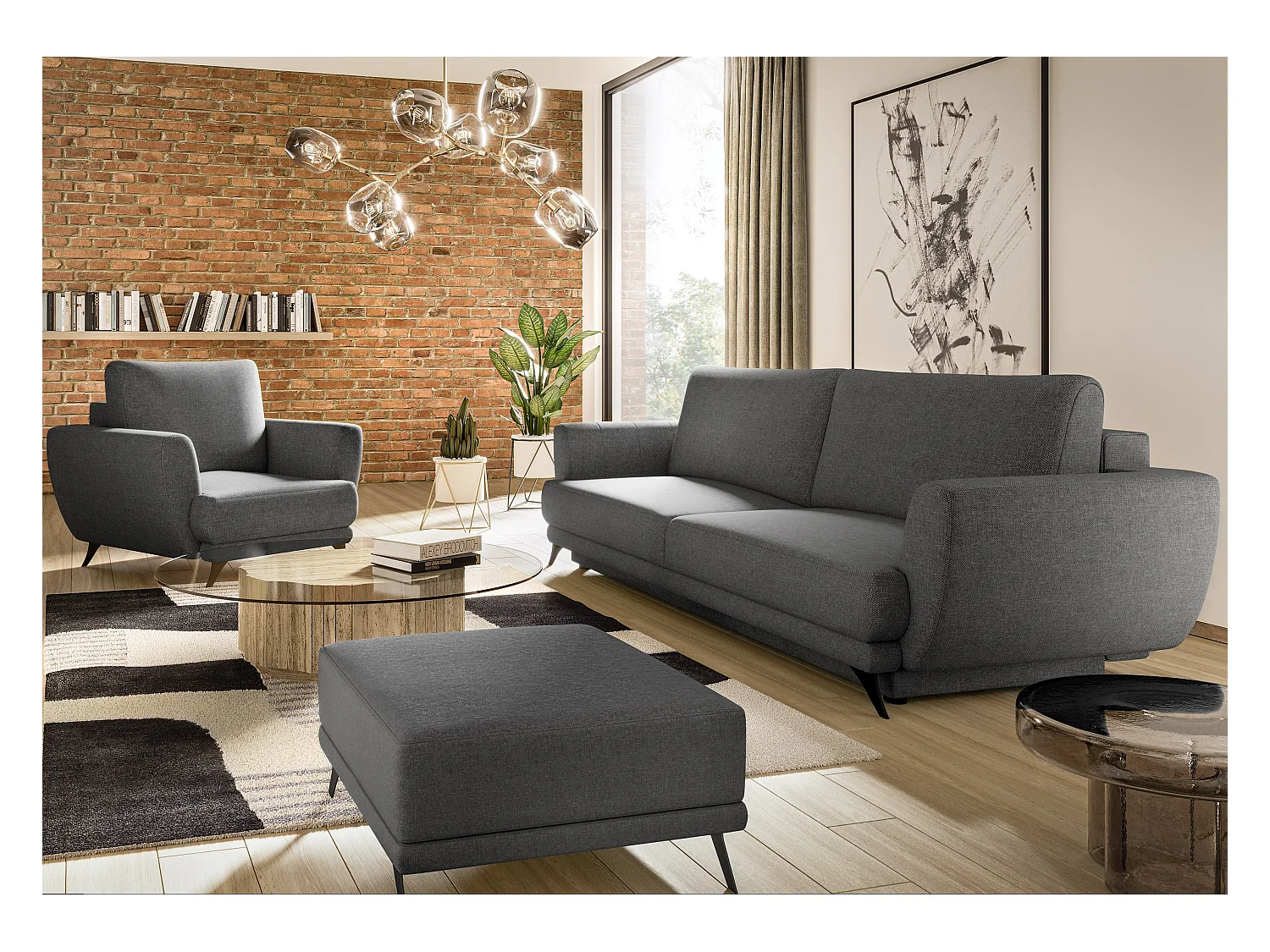 Ensemble canapé convertible tissu gris foncé Zora - 1 canapé 3 places + 1 fauteuil + 1 pouf