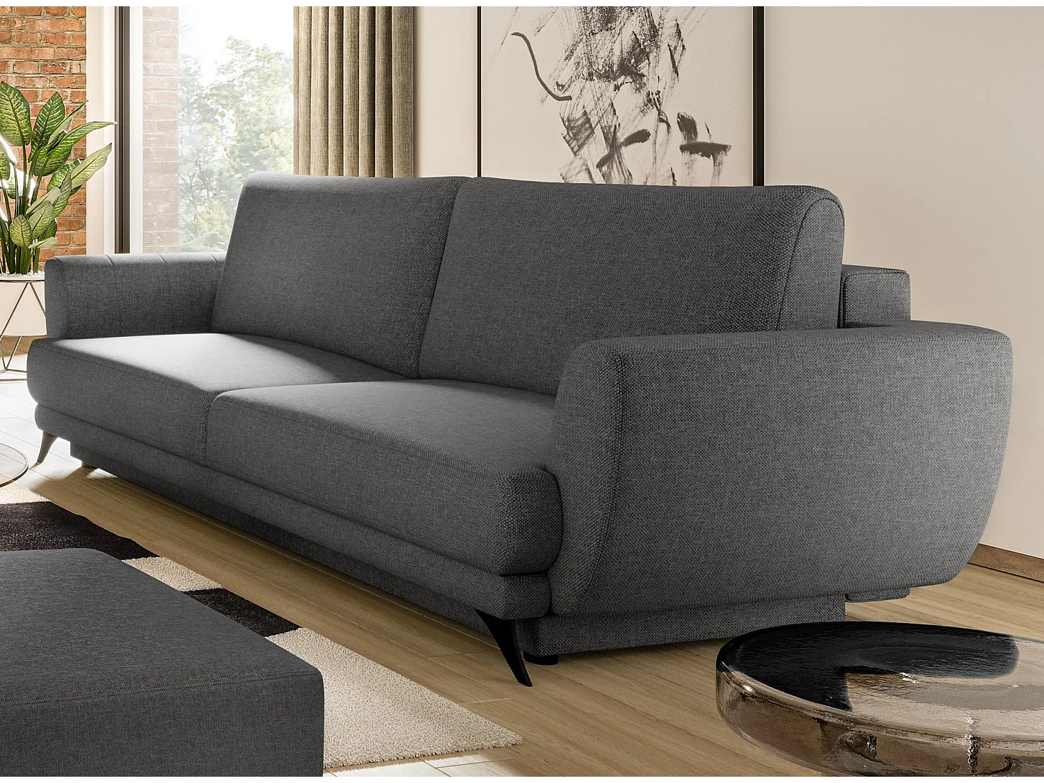 Ensemble canapé convertible tissu gris foncé Zora - 1 canapé 3 places + 1 fauteuil + 1 pouf