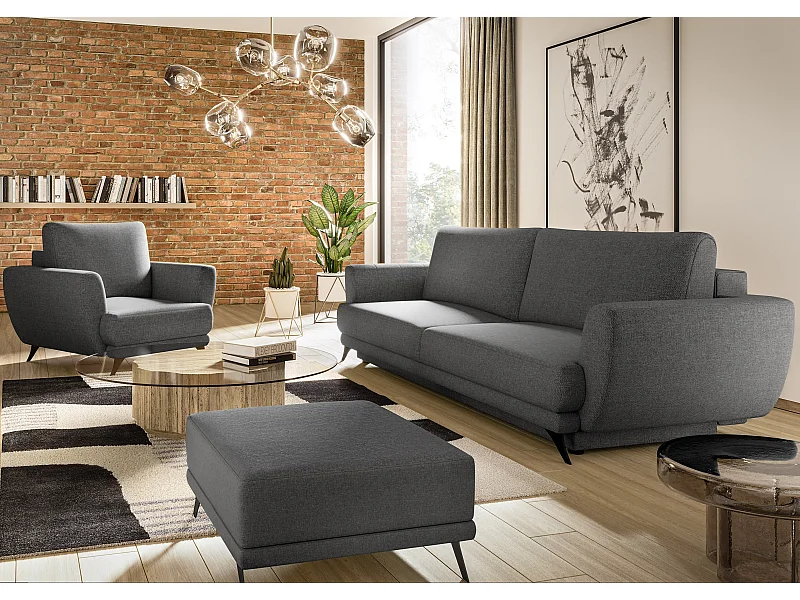 Ensemble canapé convertible tissu gris foncé Zora - 1 canapé 3 places + 1 fauteuil + 1 pouf
