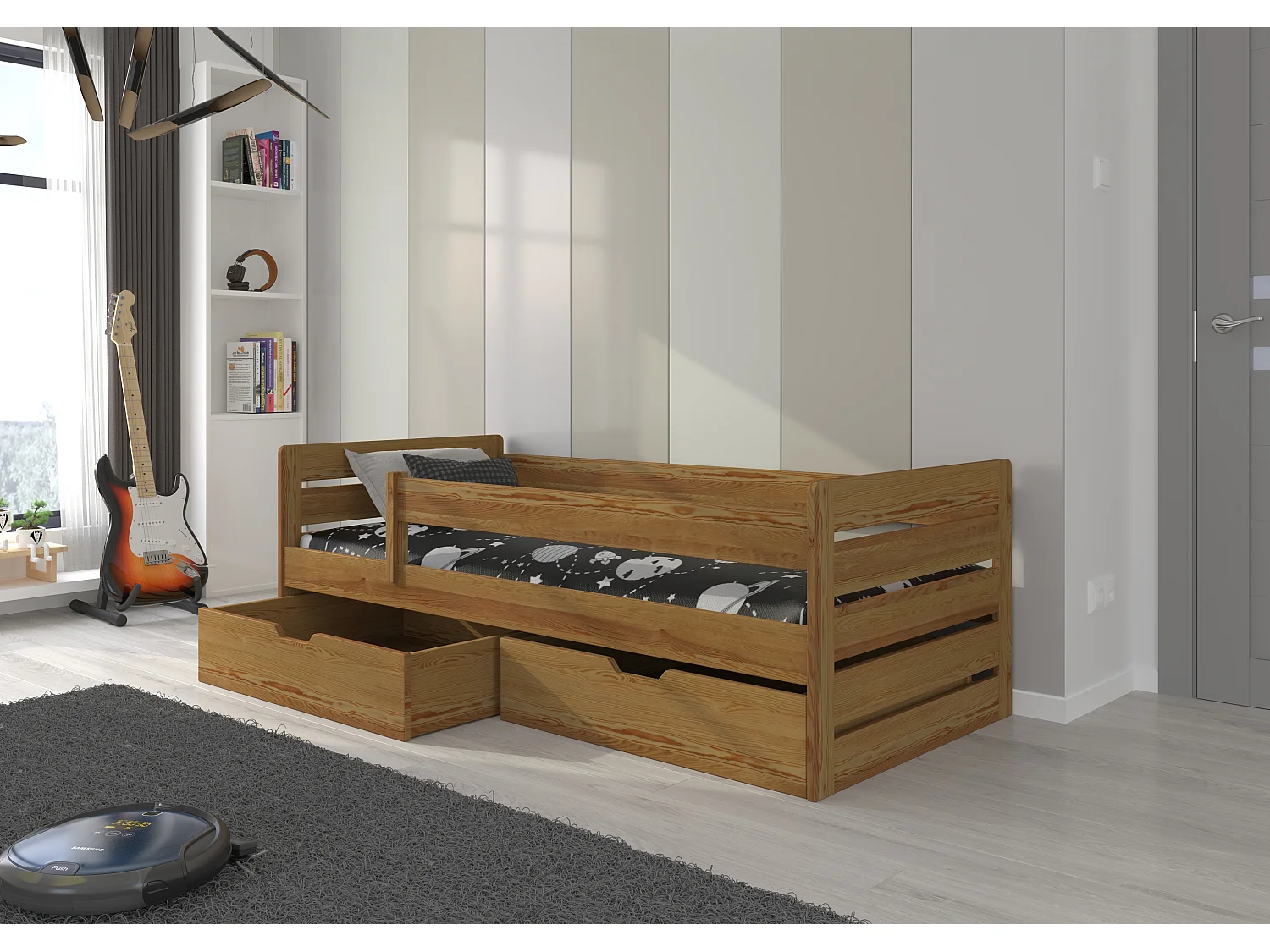 Lit enfant bois pin oak 90x200 avec 2 tiroirs de rangement Kiko