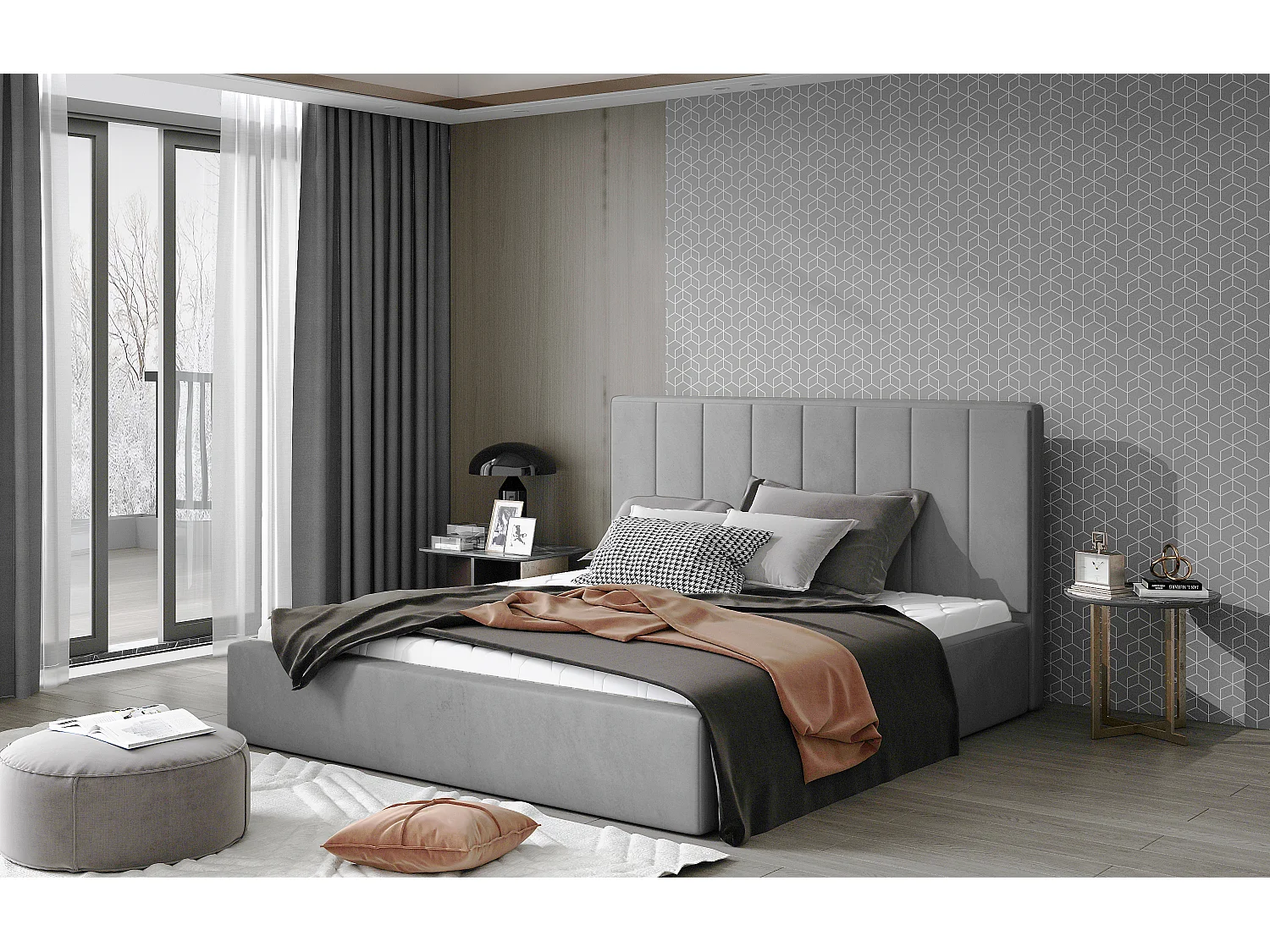 Lit adulte avec coffre de rangement Vareza – Velours matelassé-Gris-180x200