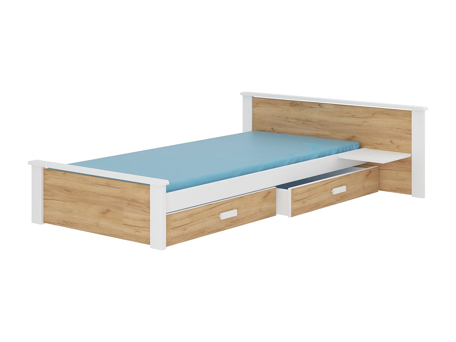 Wit grenen en eikenhouten bed 90x200 cm met 1 nachtkastje en 2 Lydia opberglades