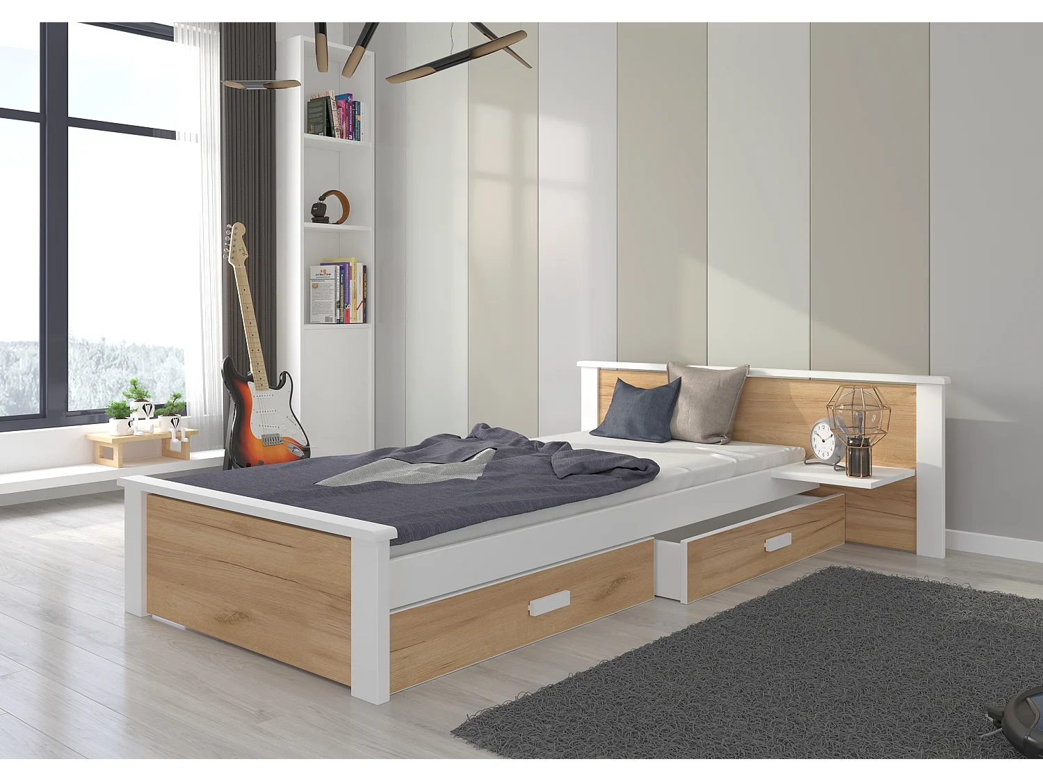 Wit grenen en eikenhouten bed 90x200 cm met 1 nachtkastje en 2 Lydia opberglades