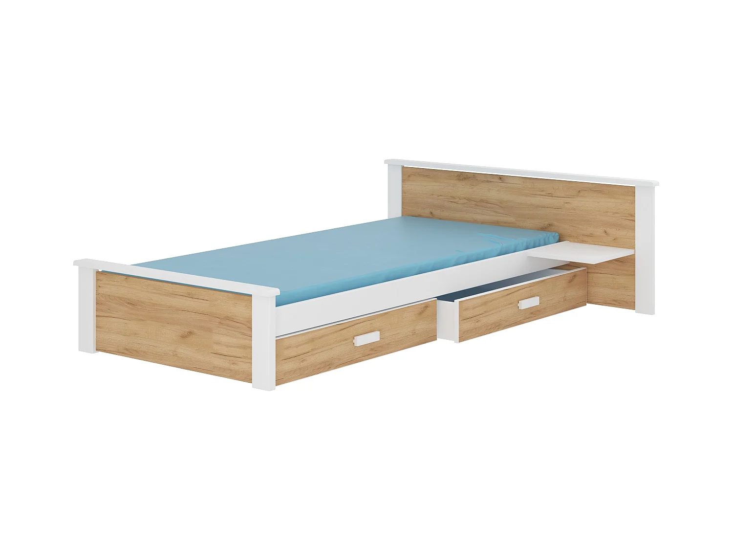 Lit bois pin blanc et bois oak 90x200 avec 1 chevet et 2 tiroirs de rangement Lydia