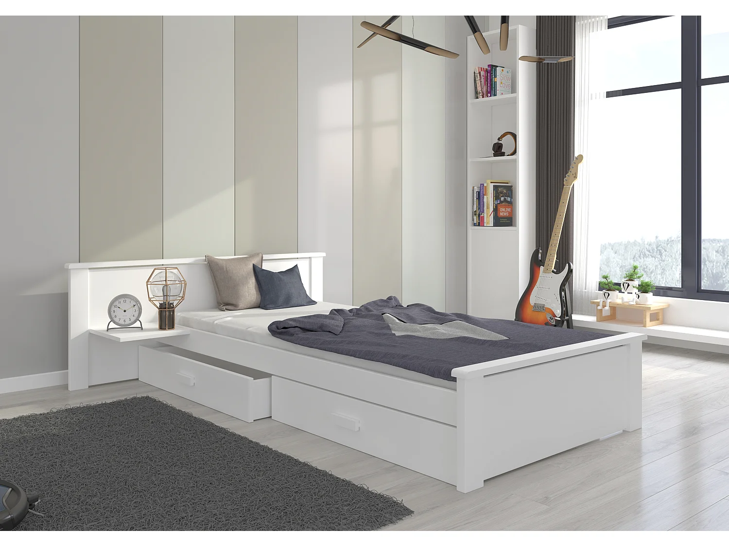 Lit bois pin blanc et bois oak 90x200 avec 1 chevet et 2 tiroirs de rangement Lydia