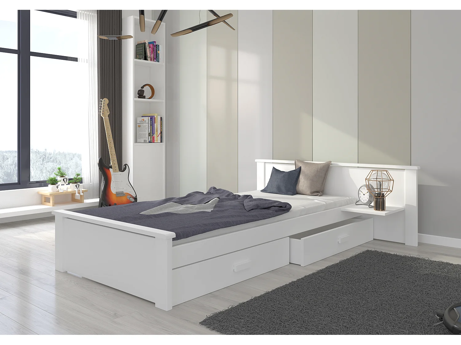 Lit bois pin blanc et bois oak 90x200 avec 1 chevet et 2 tiroirs de rangement Lydia