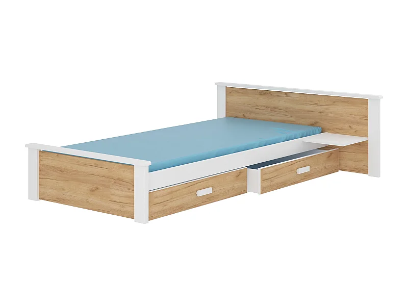 Wit grenen en eikenhouten bed 90x200 cm met 1 nachtkastje en 2 Lydia opberglades