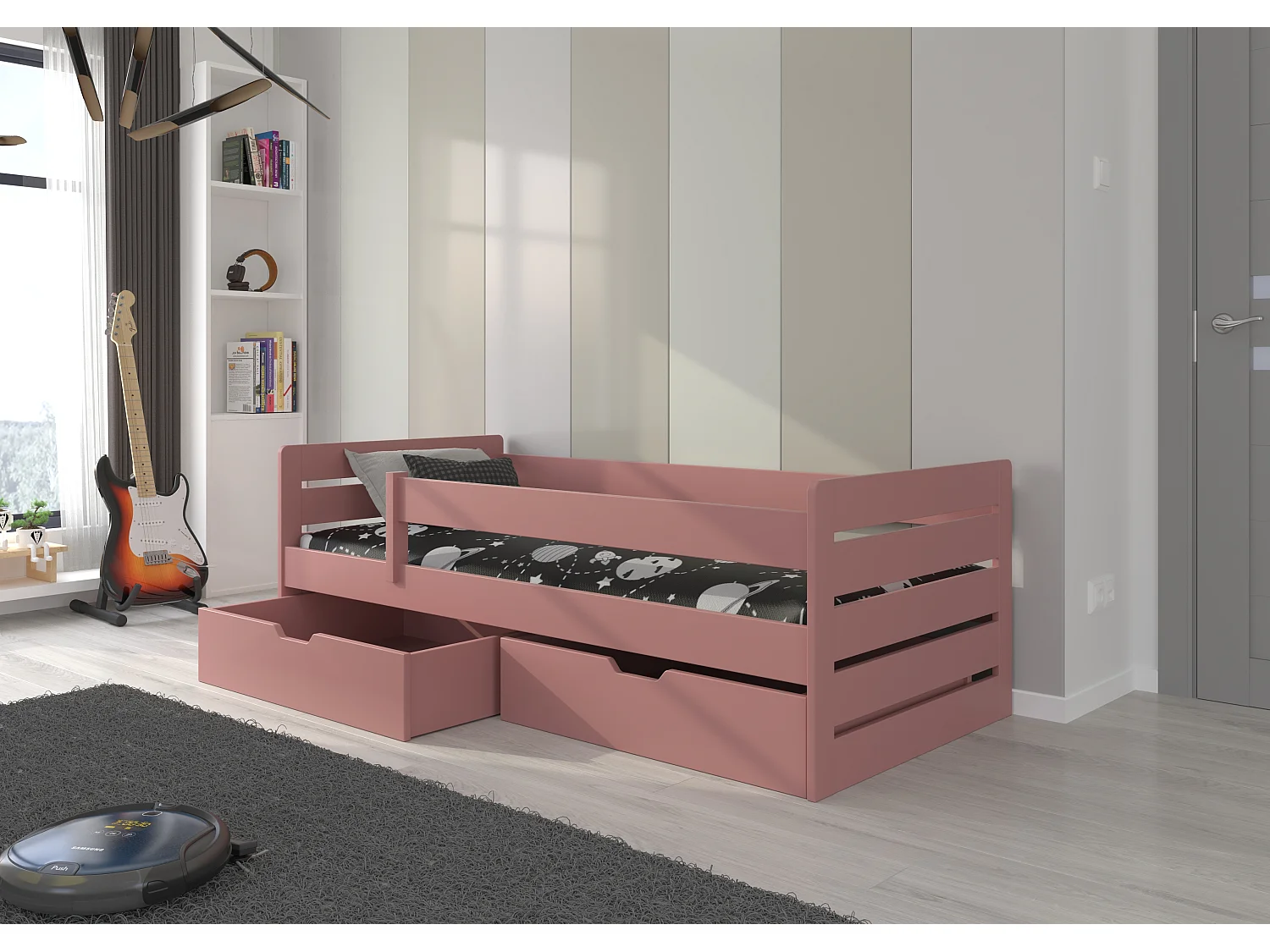 Lit enfant bois pin rose 90x200 avec 2 tiroirs de rangement Kiko