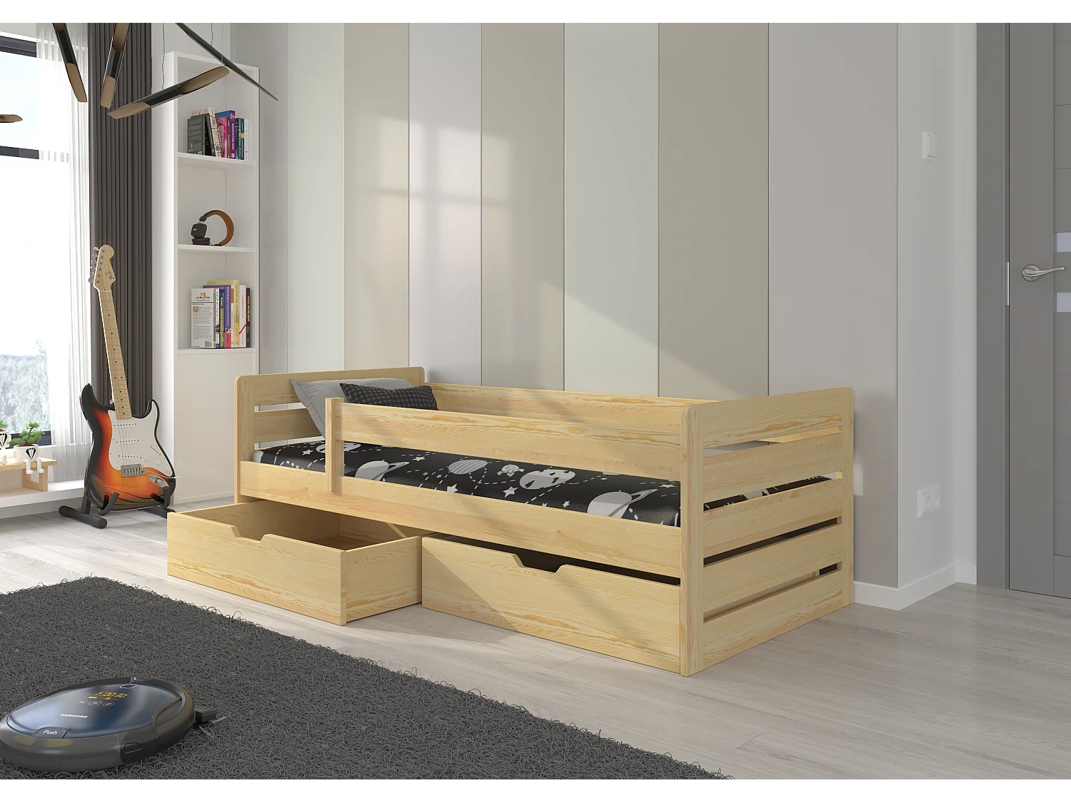 Lit enfant bois pin naturel 90x200 avec 2 tiroirs de rangement Kiko